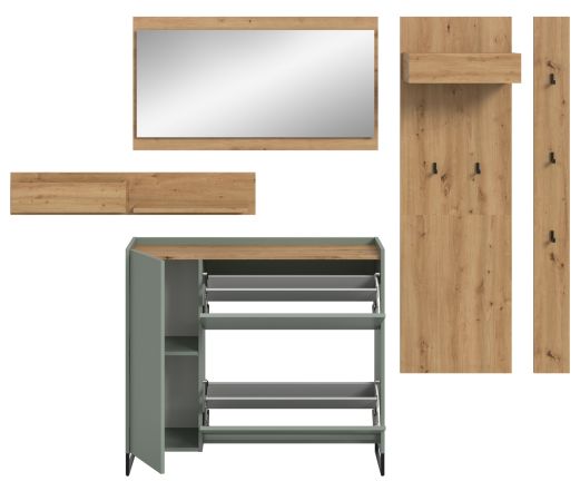 Garderobe Set 5-teilig Borga in Salbei und Artisan Eiche 236 x 192 cm, Soft-Close