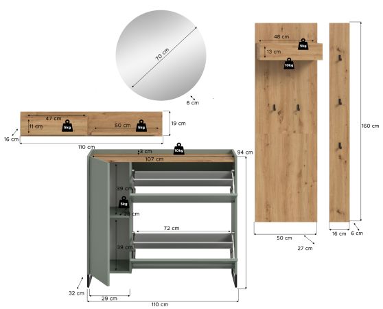 Garderobe Set 5-teilig Borga in Salbei und Artisan Eiche 236 x 197 cm, Soft-Close