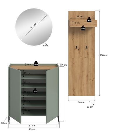 Garderobe Set 3-teilig Borga in Salbei und Artisan Eiche 155 x 197 cm, Soft-Close