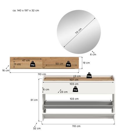 Garderobe Set 3-teilig Borga in wei und Artisan Eiche 140 x 197 cm