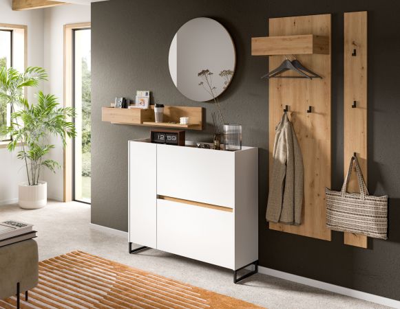 Garderobe Set 3-teilig Borga in wei und Artisan Eiche 140 x 197 cm, Soft-Close