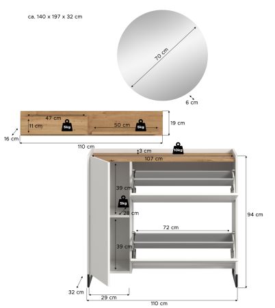 Garderobe Set 3-teilig Borga in wei und Artisan Eiche 140 x 197 cm, Soft-Close