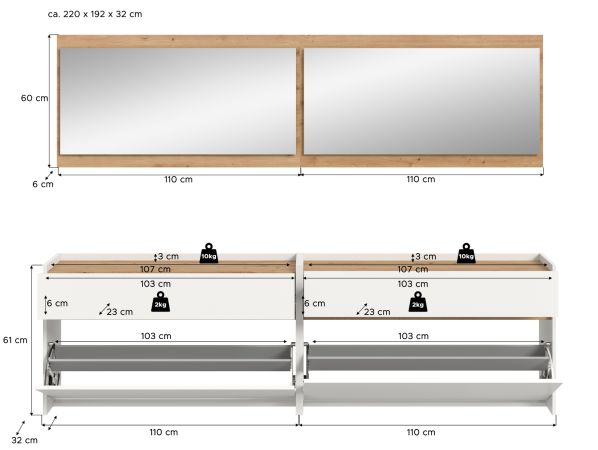 Garderobe Set 4-teilig Borga in wei und Artisan Eiche 220 x 192 cm