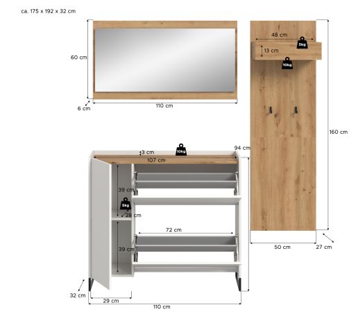 Garderobe Set 3-teilig Borga in wei und Artisan Eiche 175 x 192 cm, Soft-Close