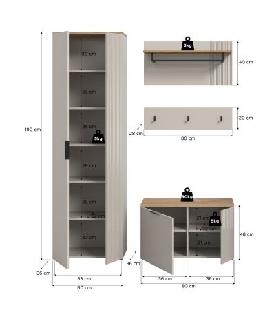 Garderobe Set 4-teilig Skid in Kaschmir Sand und Evoke Eiche 155 x 190 cm