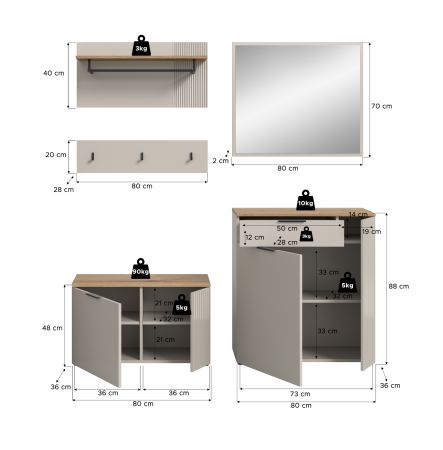Garderobe Set 5-teilig Skid in Kaschmir Sand und Evoke Eiche 175 x 190 cm