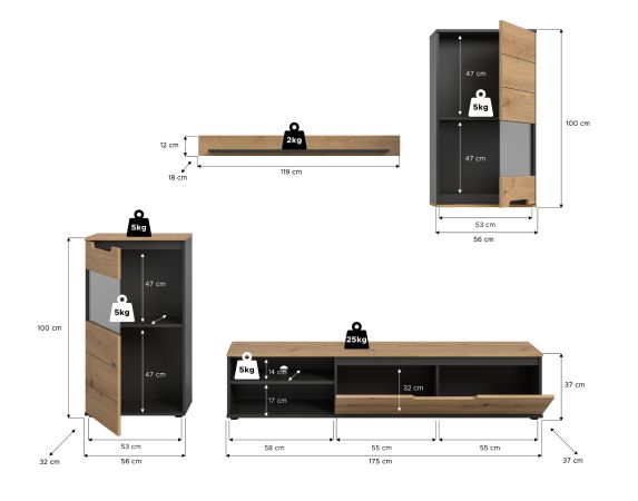 Wohnwand Briska in Artisan Eiche und grau 4-teilig 246 cm, Soft-Close