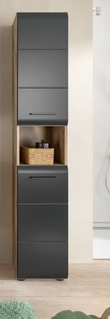 Badezimmer Hochschrank Cover in schwarz matt und Nox Eiche Badschrank 30 x 185 cm