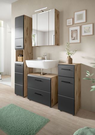 Badezimmer Hochschrank Cover in schwarz matt und Nox Eiche Badschrank 30 x 185 cm