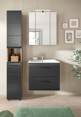 Badezimmer Hochschrank Cover in schwarz matt und Nox Eiche Badschrank 30 x 185 cm