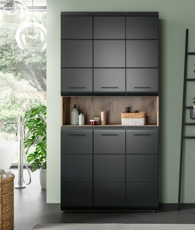 Badezimmer Hochschrank Cover in schwarz matt und Nox Eiche Mehrzweckschrank 90 x 185 cm