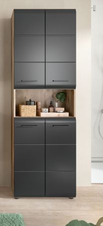 Badezimmer Hochschrank Cover in schwarz matt und Nox Eiche Badschrank 60 x 185 cm