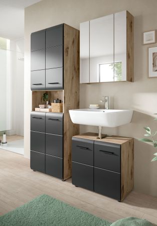 Badezimmer Hochschrank Cover in schwarz matt und Nox Eiche Badschrank 60 x 185 cm