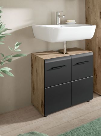 Waschbeckenunterschrank Cover in schwarz matt und Nox Eiche Badezimmer Unterschrank 60 cm