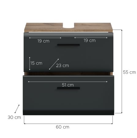 Waschbeckenunterschrank Cover in schwarz matt und Nox Eiche Badezimmer Unterschrank 60 cm