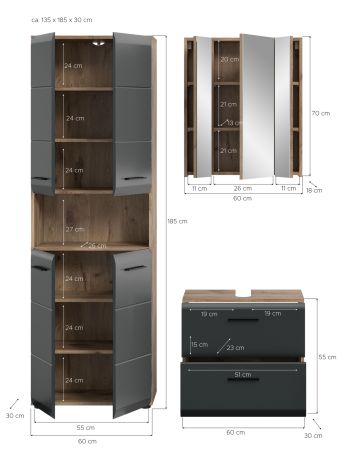 Badmbel Set 3-teilig Cover in schwarz matt und Nox Eiche Badkombination 135 x 185 cm
