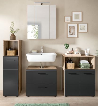 Badmbel Set 4-teilig Cover in schwarz matt und Nox Eiche Badkombination 180 x 185 cm