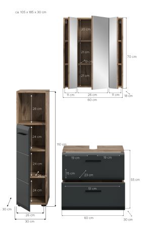 Badmbel Set 3-teilig Cover in schwarz matt und Nox Eiche Badkombination 105 x 185 cm