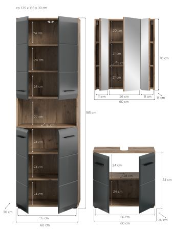 Badmbel Set 3-teilig Cover in schwarz matt und Nox Eiche Badkombination 135 x 185 cm