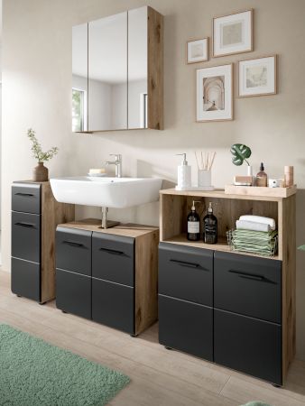 Badmbel Set 4-teilig Cover in schwarz matt und Nox Eiche Badkombination 180 x 185 cm