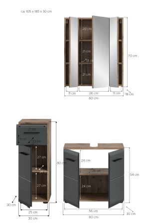 Badmbel Set 3-teilig Cover in schwarz matt und Nox Eiche Badkombination 105 x 185 cm