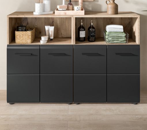 Badezimmer Kommode Set Cover in schwarz matt und Nox Eiche 2x Badkommode 120 x 80 cm