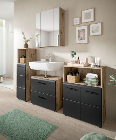 Badezimmer Kommode Set Cover in schwarz matt und Nox Eiche 2x Badkommode 120 x 80 cm