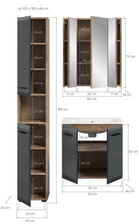 Badmbel Set 3-teilig Cover in schwarz matt und Nox Eiche Badkombination 105 x 185 cm