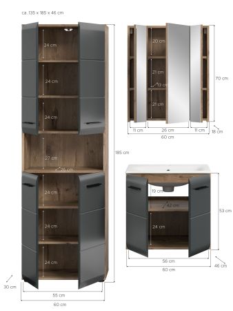 Badmbel Set 3-teilig Cover in schwarz matt und Nox Eiche Badkombination 135 x 185 cm