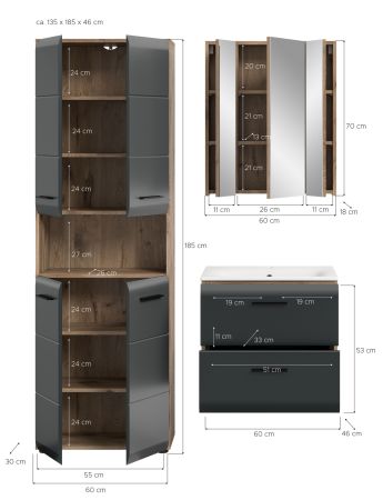 Badmbel Set 3-teilig Cover in schwarz matt und Nox Eiche Badkombination 135 x 185 cm