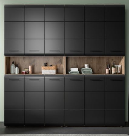 Badezimmer Hochschrank Set Cover in schwarz matt und Nox Eiche 2x Mehrzweckschrank 180 x 185 cm