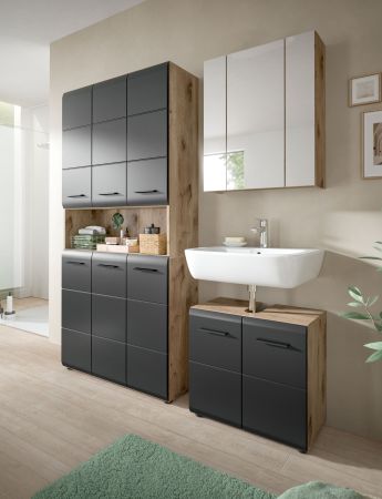 Badezimmer Hochschrank Set Cover in schwarz matt und Nox Eiche 2x Mehrzweckschrank 180 x 185 cm