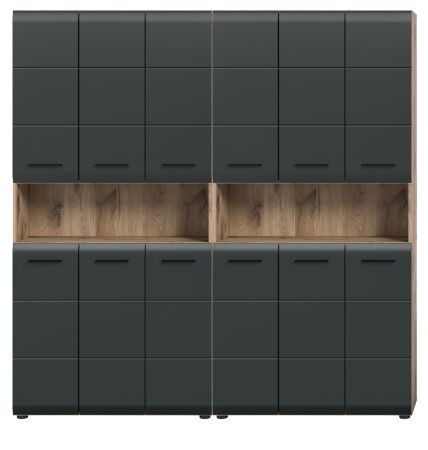 Badezimmer Hochschrank Set Cover in schwarz matt und Nox Eiche 2x Mehrzweckschrank 180 x 185 cm