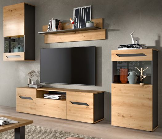 Wohnwand 4-teilig Aversa in Artisan Eiche und grau Set mit 2x Vitrine hngend / stehend
