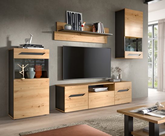 Wohnwand 4-teilig Aversa in Artisan Eiche und grau Set mit 2x Vitrine hngend / stehend
