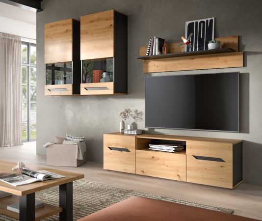 Wohnwand 4-teilig Aversa in Artisan Eiche und grau Set mit 2x Vitrine hngend / stehend