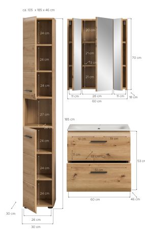 Badmbel Set 3-teilig Cover in Artisan Eiche Badkombination 105 x 185 cm