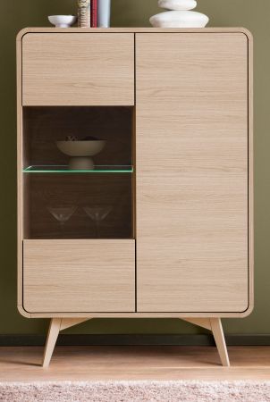 Vitrine Elverum in Eiche natur Highboard skandinavisch 90 x 130 cm, mit Push-to-Open