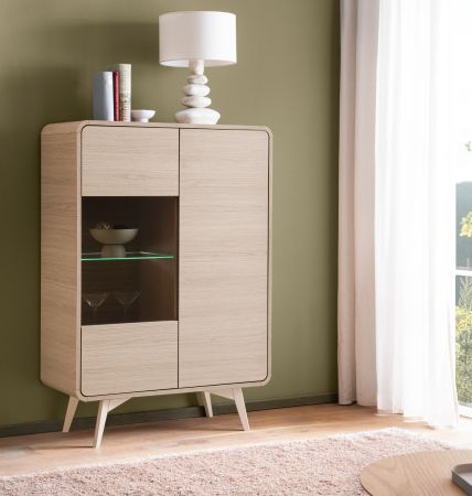 Vitrine Elverum in Eiche natur Highboard skandinavisch 90 x 130 cm, mit Push-to-Open