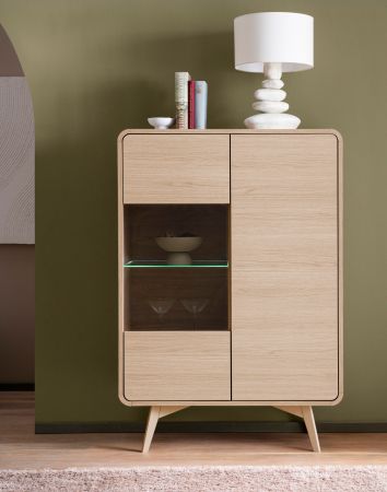 Vitrine Elverum in Eiche natur Highboard skandinavisch 90 x 130 cm, mit Push-to-Open