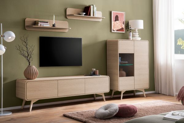 Vitrine Elverum in Eiche natur Highboard skandinavisch 90 x 130 cm, mit Push-to-Open