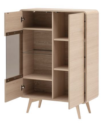 Vitrine Elverum in Eiche natur Highboard skandinavisch 90 x 130 cm, mit Push-to-Open