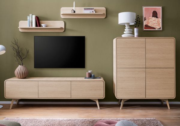 Wohnwand Elverum in Eiche natur Wohnkombination skandinavisch 4-teilig 308 cm, mit Push-to-Open