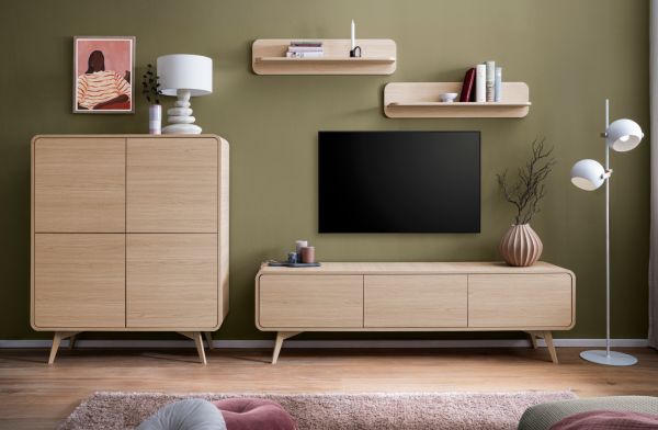 Wohnwand Elverum in Eiche natur Wohnkombination skandinavisch 4-teilig 308 cm, mit Push-to-Open