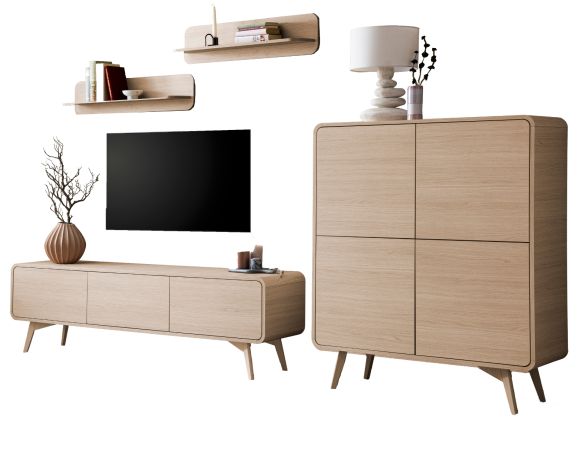 Wohnwand Elverum in Eiche natur Wohnkombination skandinavisch 4-teilig 308 cm, mit Push-to-Open