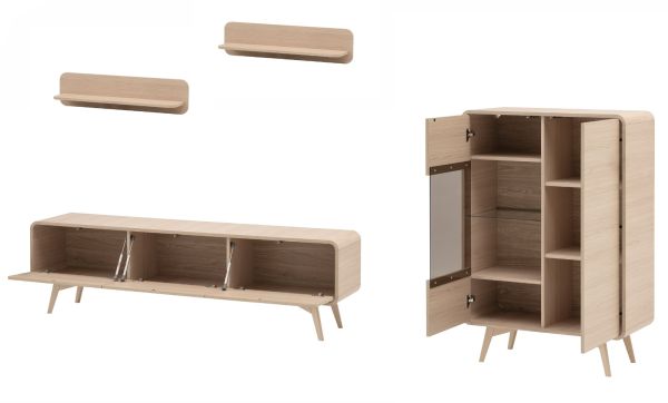 Wohnwand Elverum in Eiche natur Wohnkombination skandinavisch 4-teilig 290 cm, mit Push-to-Open