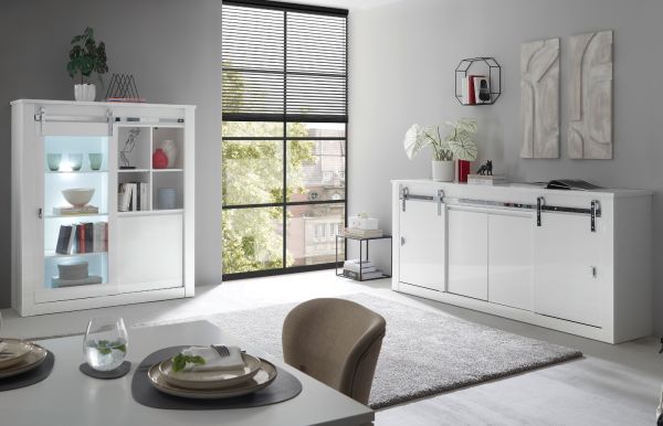 Vitrine Miami in wei� Hochglanz Vitrinenschrank 133 x 153 cm, Soft-Close