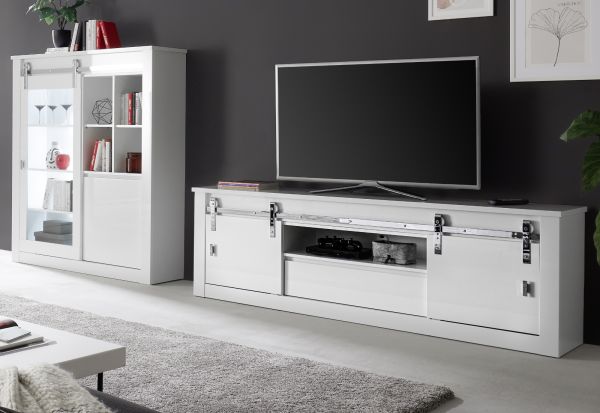 Wohnwand Miami in wei Hochglanz Wohnkombination 2-teilig 349 x 153 cm, Soft-Close