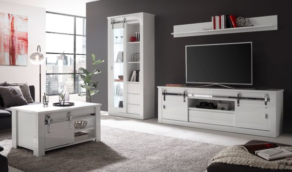 Wohnwand Miami in wei� Hochglanz Wohnkombination 2-teilig 309 x 201 cm, Soft-Close