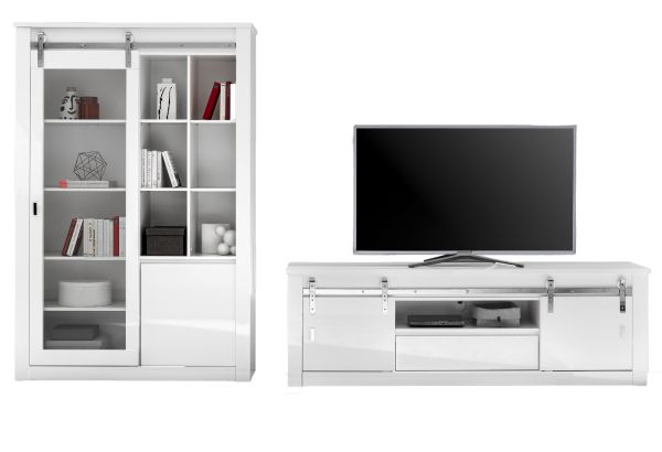 Wohnwand Miami in wei� Hochglanz Wohnkombination 2-teilig 349 x 201 cm, Soft-Close